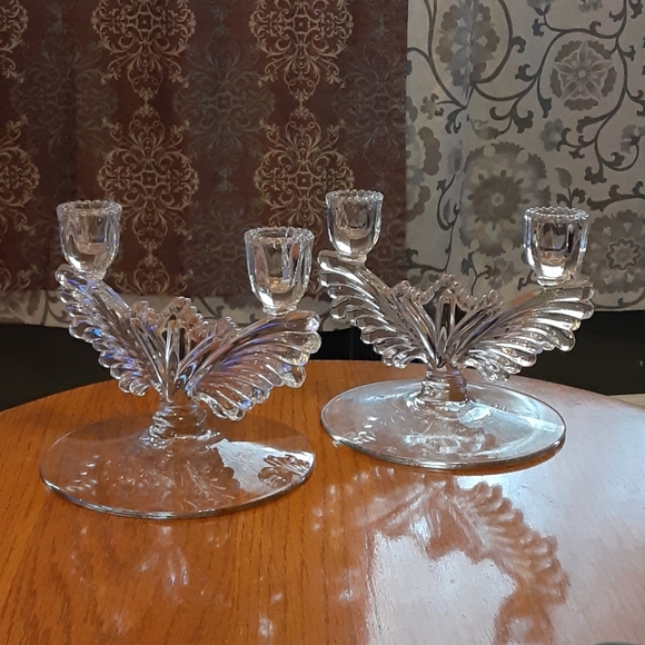 2 vintage pressed glass double candlesticks